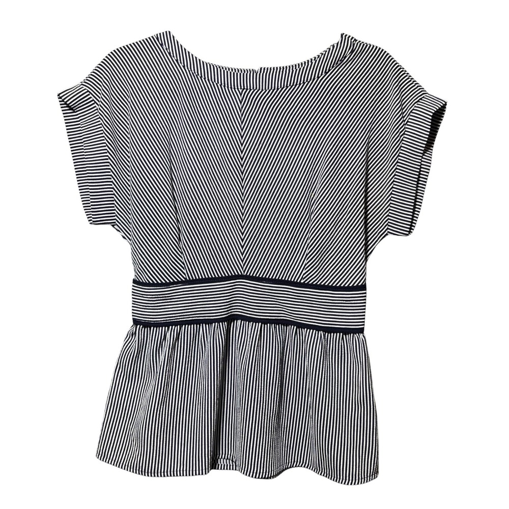 Monteau Los Angeles Navy White‎ Striped Peplum Top Cap Sleeve Blouse Large